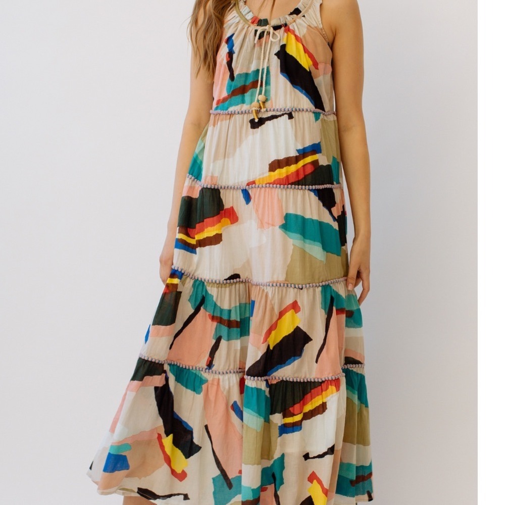 Guadalupe Abstract Print Tiered Cotton Maxi Dress Boho Festival Multi Color M e1